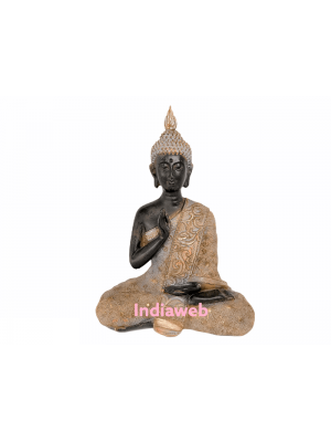 ESTÁTUA BUDA MEDITANDO MANTO SALMÃO15x8x21 cm