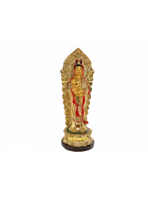 ESTÁTUA DEUSA KUANYIN EM PÉ DOURADO DECORAÇÃO 9,5x8x23,5 cm