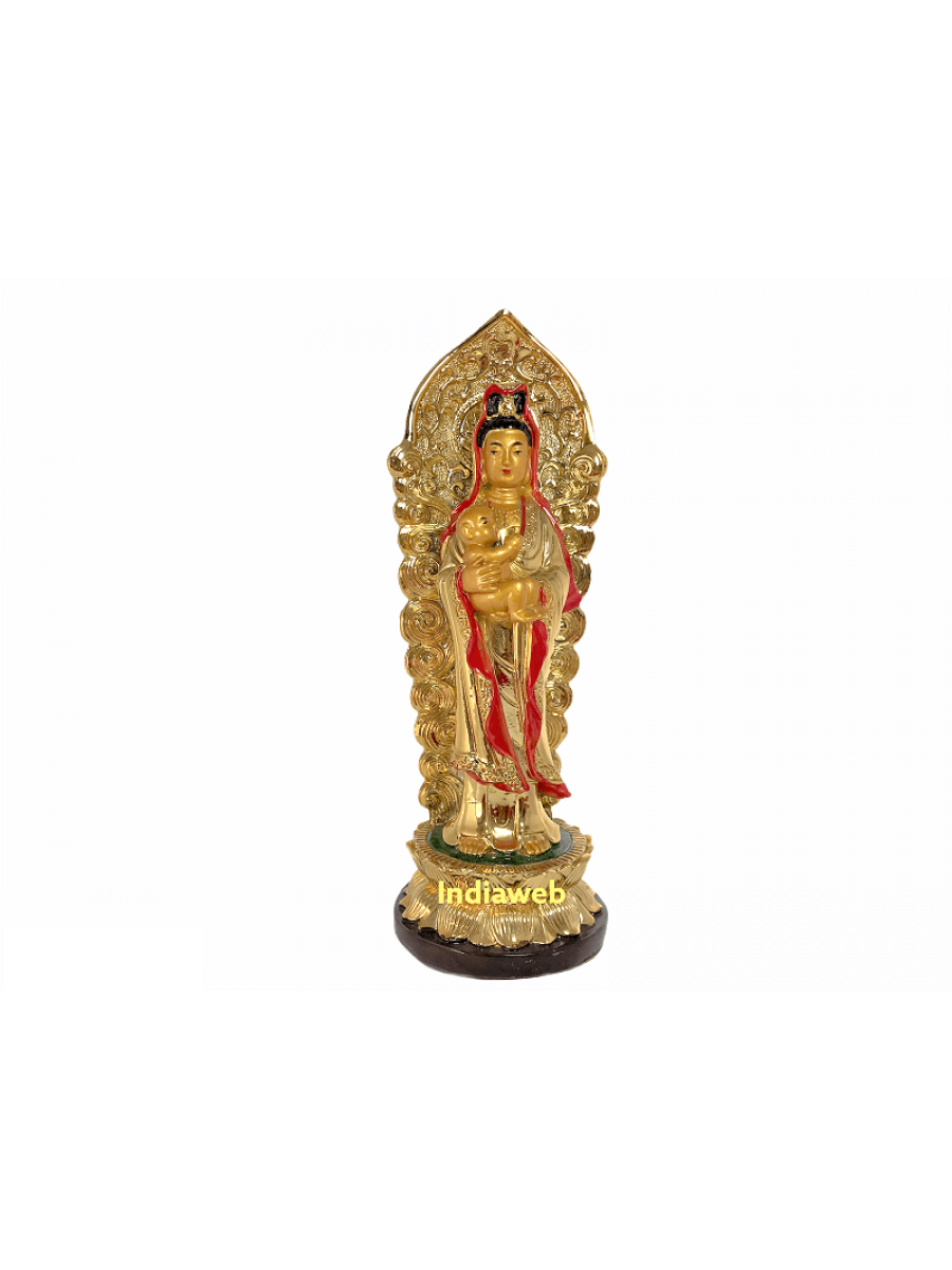 ESTÁTUA DEUSA KUANYIN EM PÉ DOURADO DECORAÇÃO 9,5x8x23,5 cm